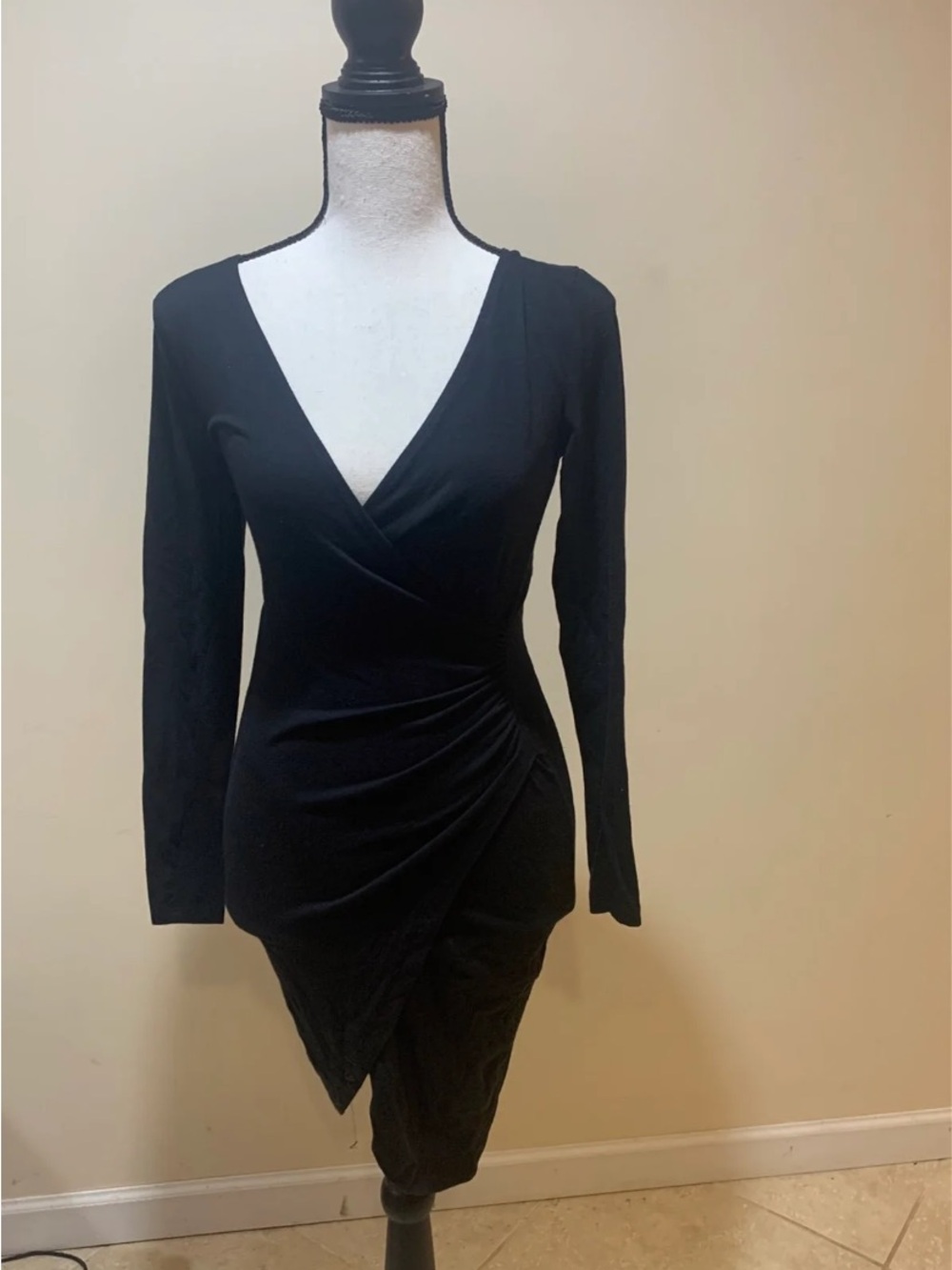 Charlotte Russe Black Long-Sleeve Ruched Wrap Mini Dress